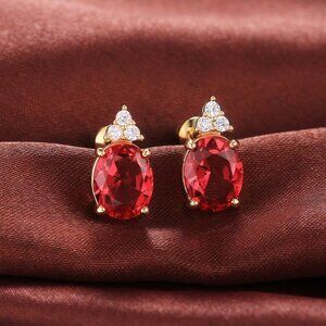 Beautiful Big Red Oval Zircon 14K Gold Plated Stud Earrings for Women, VP1022
